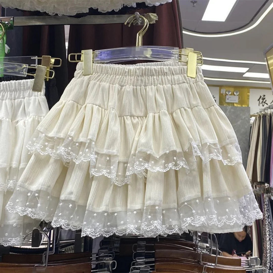 Sweet Cool Kawaii Y2K Puff Mini Skirt Women's Plaid High-Waist Lace Patchwork Bow Casual Dating Skirt  Lolita School Performance