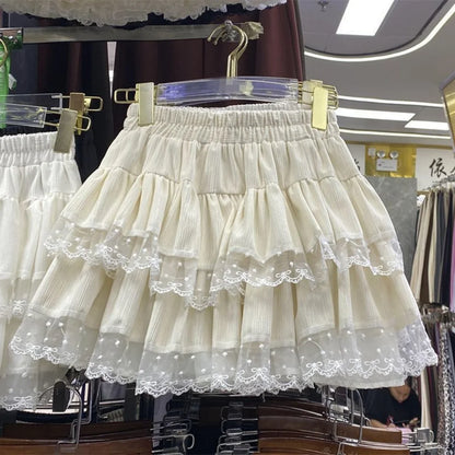 Sweet Cool Kawaii Y2K Puff Mini Skirt Women's Plaid High-Waist Lace Patchwork Bow Casual Dating Skirt  Lolita School Performance