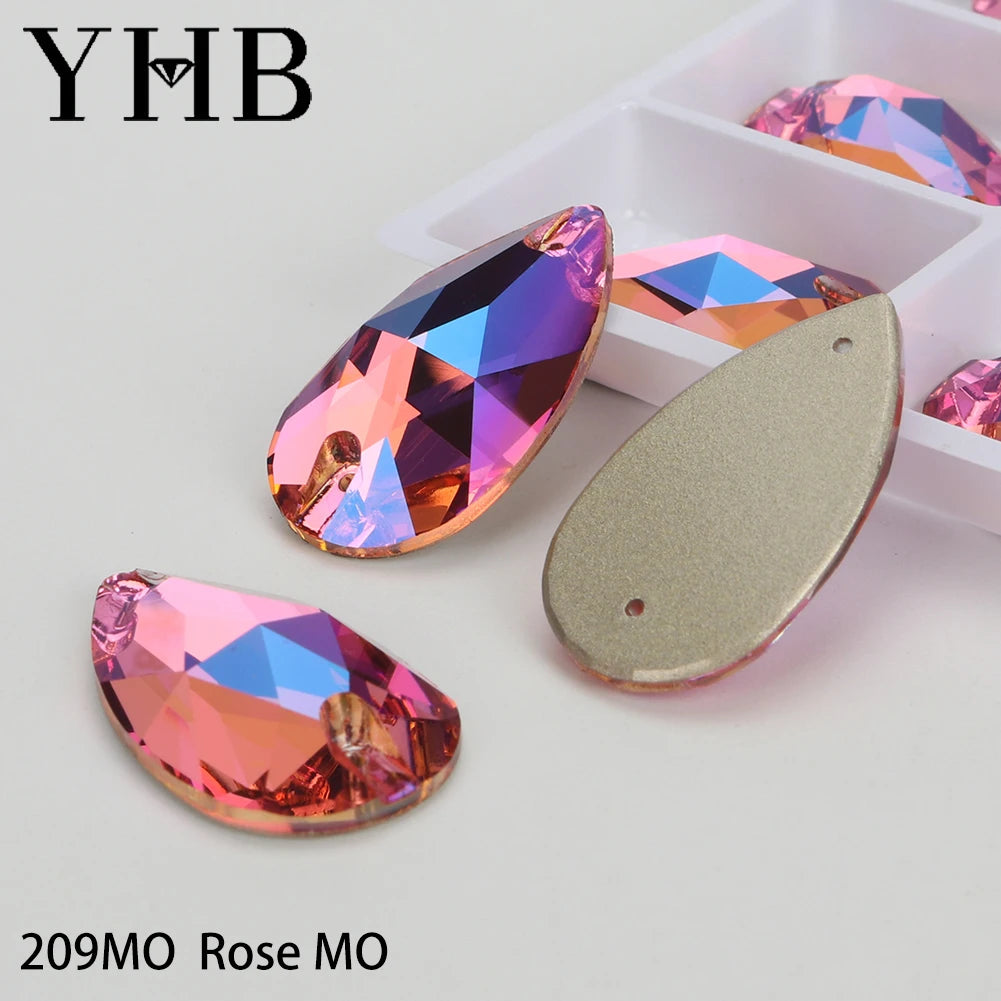 YHB Drop Moonlight Glass Lt Siam Crystal AB Sewing Stones Flatback Sew on Rhinestones For Garment Clothes Bags