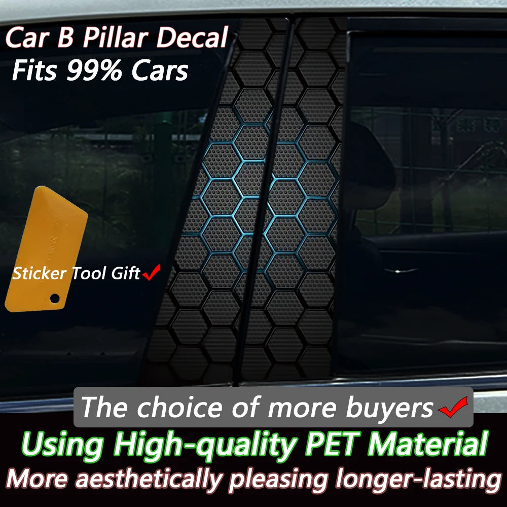 2PCS Textured Honeycomb Blue B-Pillar Car Stickers Waterproof Anti Scratch Vinyl Decals  Universal Styling Accessories