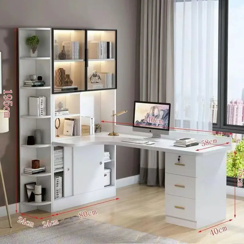 Writing Study Desk Integrated Bookshelf L-Shaped Computer Desk Bookcase Luxury Home Bedroom Office Computer Desk with Drawers