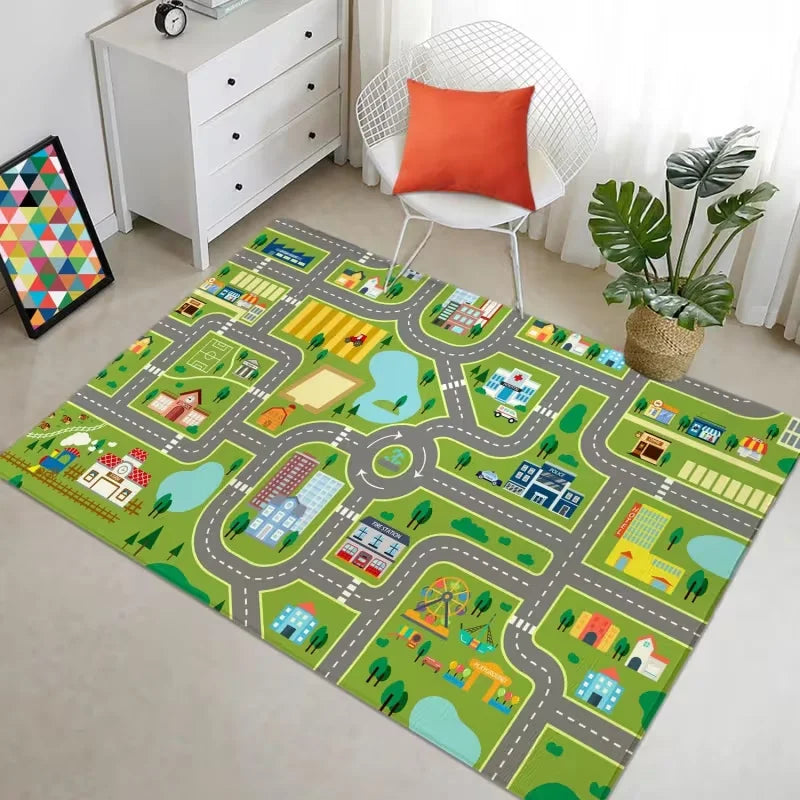 Kids Cartoon City Traffic Road Map Carpet Soft Anti Slip Educational Play Mat for Toddlers Playroom Bedroom Living Room