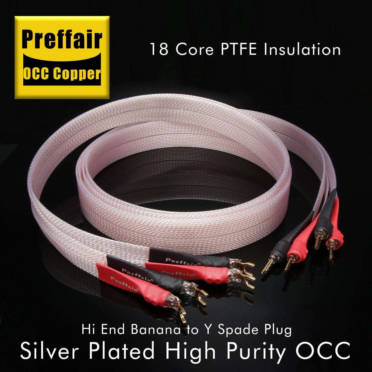 Hifi OCC Speaker Cable Flat Belt Speaker Cable with 90 Degree Banana Y Plugs Cable for Speaker Amplifier