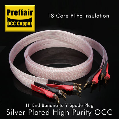 Hifi OCC Speaker Cable Flat Belt Speaker Cable with 90 Degree Banana Y Plugs Cable for Speaker Amplifier