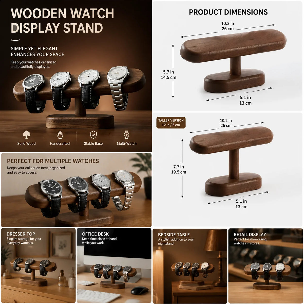 QA Premium Wooden Watch Display Stand Organizer, Solid Wood Wristwatch Holder Rack for Men and Women, Jewelry Storage Showcase