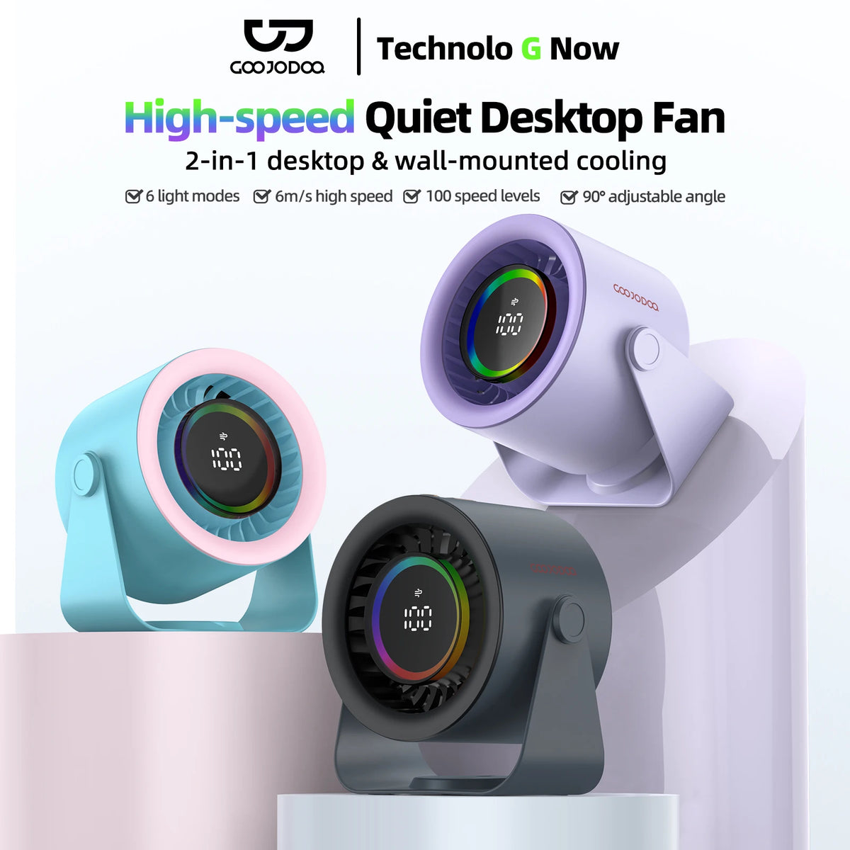 GOOJODOQ Desktop Fan 4000mAh Silent Adjustable Speed Air Circulation Fan 100 Speeds with Digital Display Wall Mountable