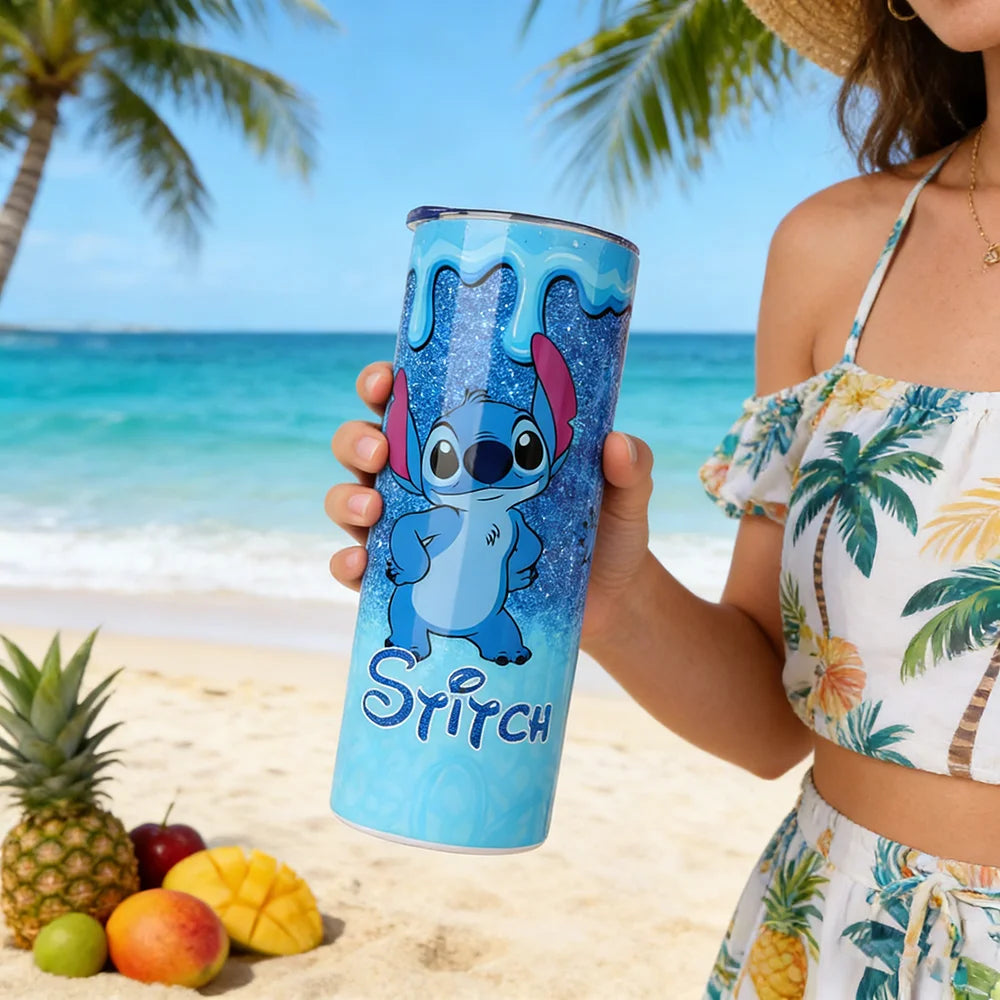 1pc 20oz Disney Stitch Glitter Drip Tumbler Insulated Stainless Steel Cup with Straw for Hot Cold Drinks Perfect Holiday Gift
