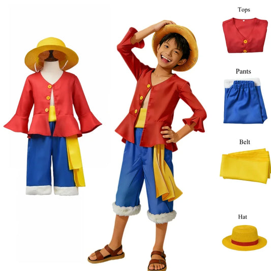 Halloween Anime M-Monkey D Luffy Full Set Cosplay Costume for Boys Carnival Outfits Children Straw Hat Coat Pants Belt Suit