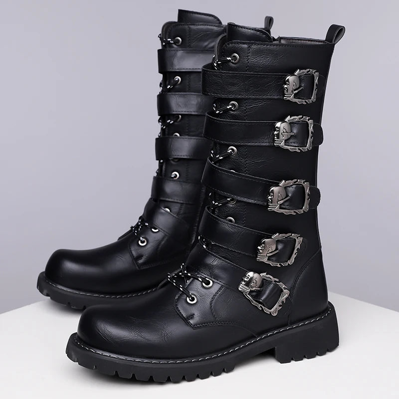 Winter Men Fashionable Boots with Belt Buckle Decoration Side Zipper Anti Slip Personalized Youth Knight Boots