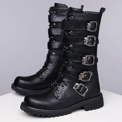 Winter Men Fashionable Boots with Belt Buckle Decoration Side Zipper Anti Slip Personalized Youth Knight Boots