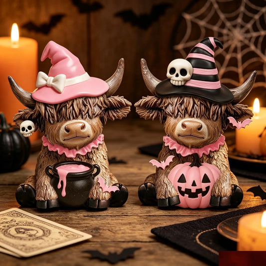 2-piece set of Halloween decoration Highland cow ornaments, pink Highland cow wooden tabletop decoration, cow statue with skull hat, suitable for living room, bedroom, fireplace mantel, and desk decoration