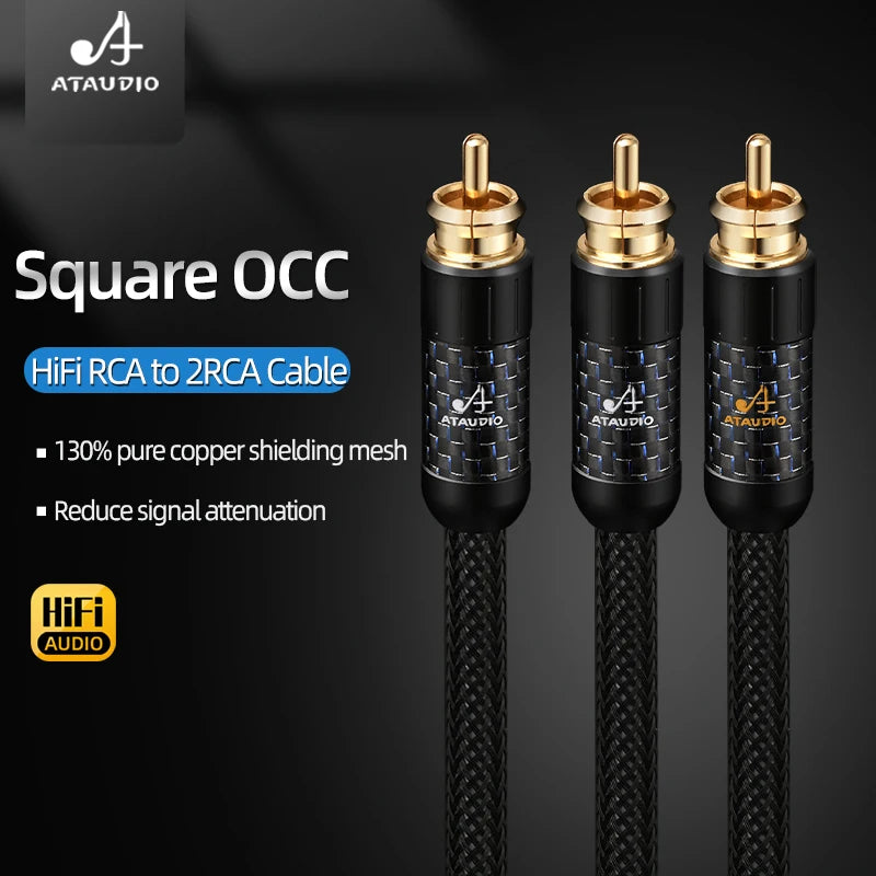 HiFi RCA Subwoofer Cable High Fidelity Square OCC RCA to 2RCA Splitter Y Audio Cable for Amplifier Mixer