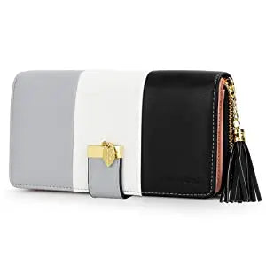 Pomelo Best Tri‑Color Women's Wallet PU Leather Long Zipper RFID Blocking Large Capacity 9 Card Slots Tassel Pendant Fits Phone