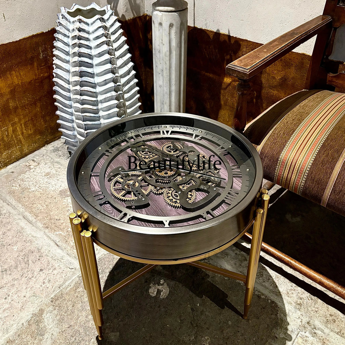 Retro high-end light luxury Nordic style clock gear American living room sofa side table small coffee table tempered glass