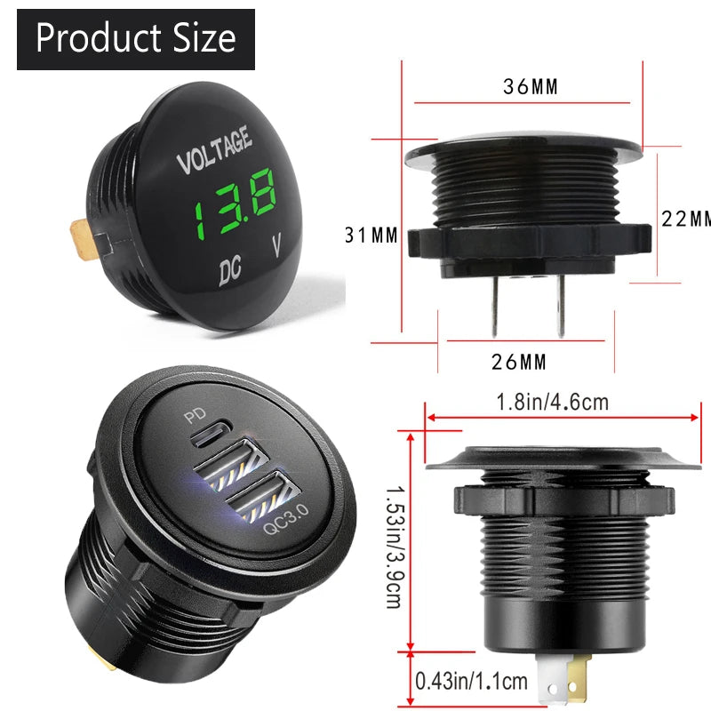 Usb car charger panel 12V Cigarette Lighter Socket 3 in 1 Car USB Outlet Panel for RV Marine Boat Power Socket Charger Socket