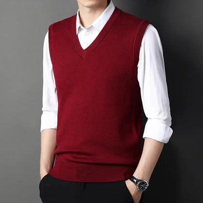 2026 Autumn Winter New Men's Solid Color V-neck Knitted Vest Casual Fashion Warm Sweater Versatile Top