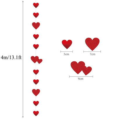 1-4PCS Red Heart Garland Metallic Glitter Hanging Heart Streamer Banner for Anniversary Mother's Day Engagement Wedding Supplies