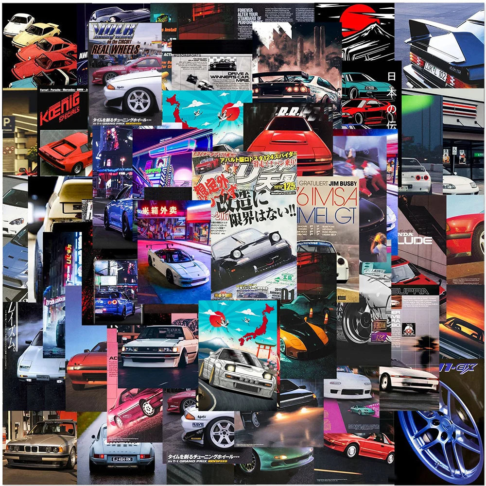 50pcs Retro JDM Car Poster Stickers Cool Retrofit Racing Cartoon Graffiti Sticker Decals for Bag Motorcycle Phone Suitcase
