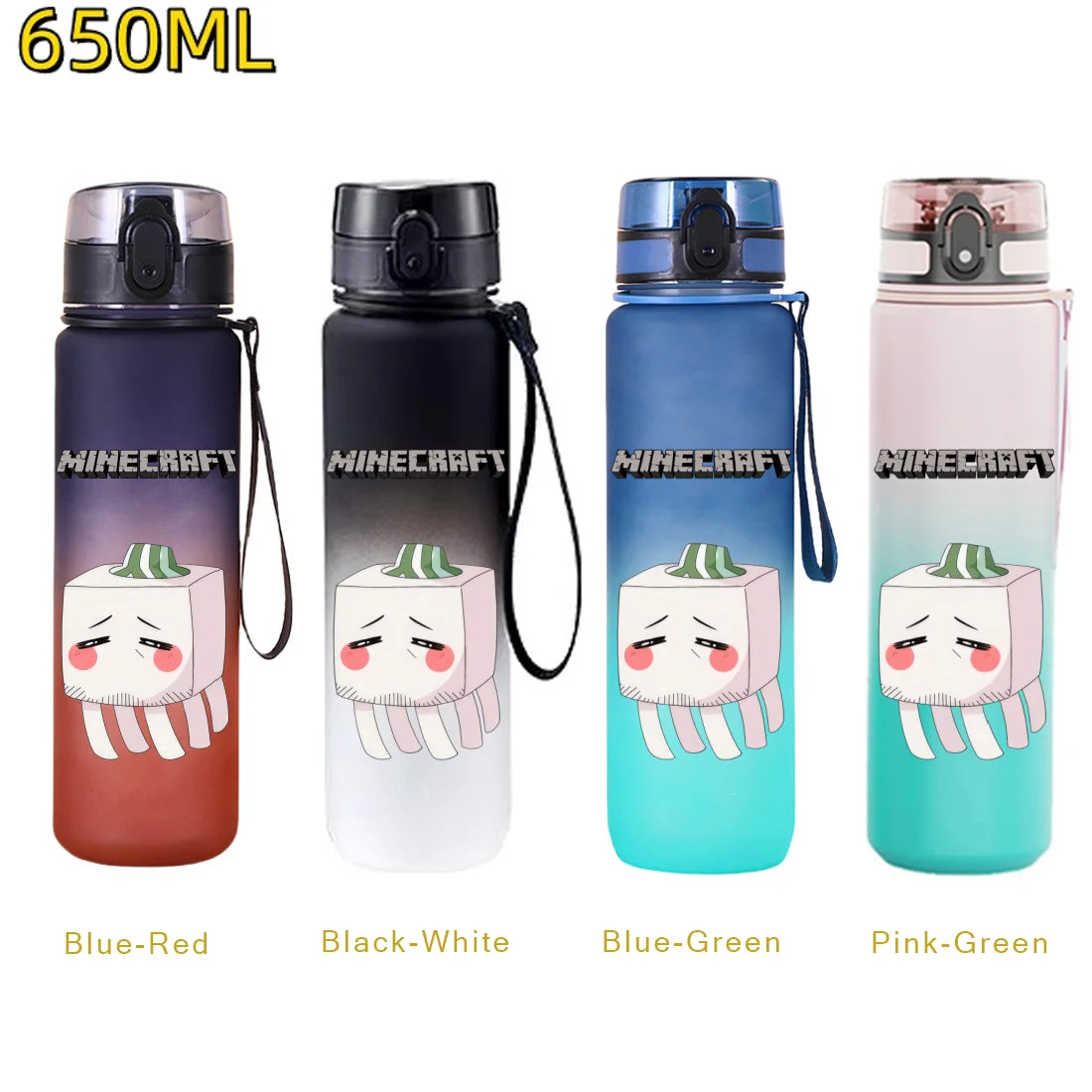 650ML Minecraft Sports Water Bottle LeakProof Plastic Cup Fitness Outdoor Shaker Drink Bottle Travel Office Jugs Birthday Gifts