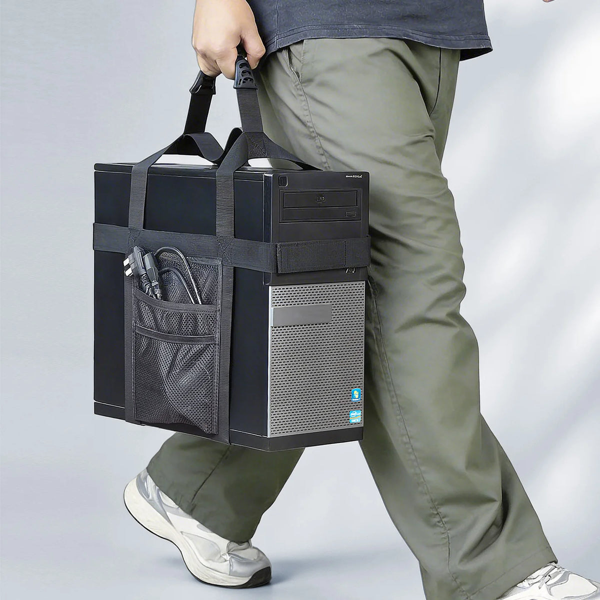Computer Tower Transport with Handle Universal PC Tower Carrying Strap Gaming Desktop Belt with Side Pockets for Cables Mouse
