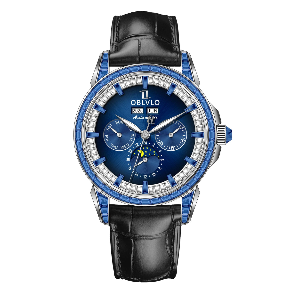 OBLVLO Men's Fashion Automatic Watch Colorful Zircon Moonphase Mechanical Multifunctional Black Leather Strap Timepiece GCM-MUT
