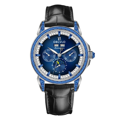 OBLVLO Men's Fashion Automatic Watch Colorful Zircon Moonphase Mechanical Multifunctional Black Leather Strap Timepiece GCM-MUT