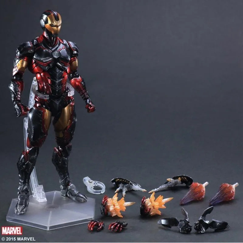 Iron Man, War Machine, Spider-Man, Captain America, Black Panther. Marvel action figures.