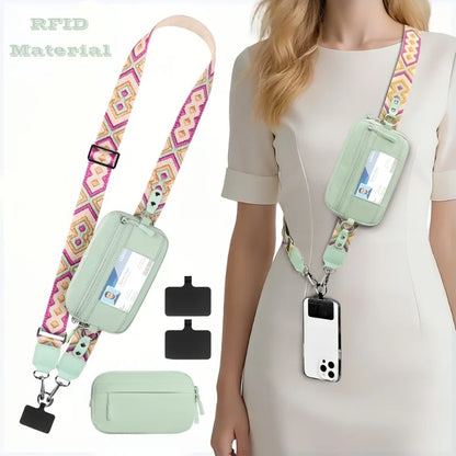 Trend Stripes Diagonal Cross Mobile Phone Lanyard Strap with Multifunctional Wallet Portable Storage Bag for Travel Anti Loss