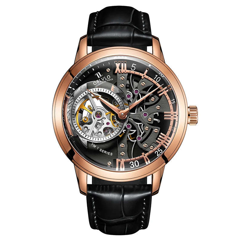 OBLVLO Luxury Retro 45mm Dial Skeleton Automatic Watches For Men Calfskin Strap Mineral Crystal Waterproof Mechanical Watch VM