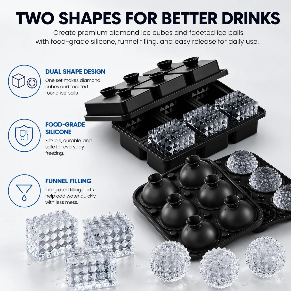 Easy Release Diamond Ice Cube Tray Sphere Ice Mold Food Grade Silicone Ice Molds With Funnel For Slow Melting Coffee Bar Gadgets