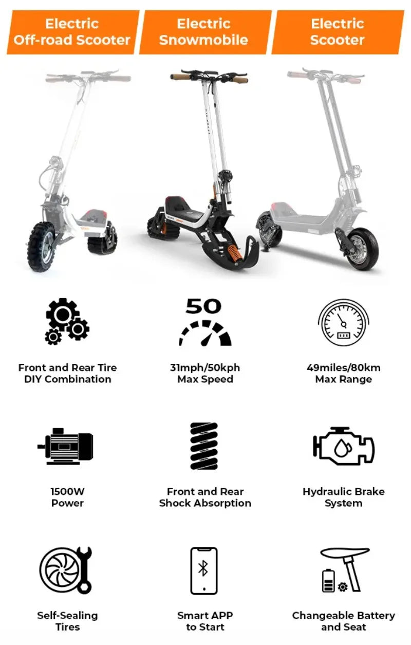 World's First 3-in-1 Electric Snow Scooter waterproof lithium removable 1800w