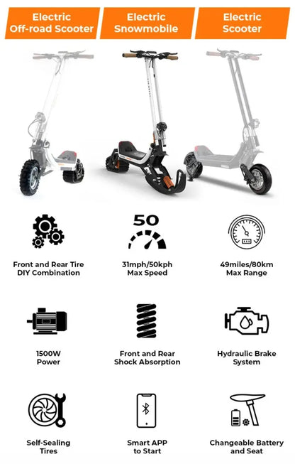 World's First 3-in-1 Electric Snow Scooter waterproof lithium removable 1800w