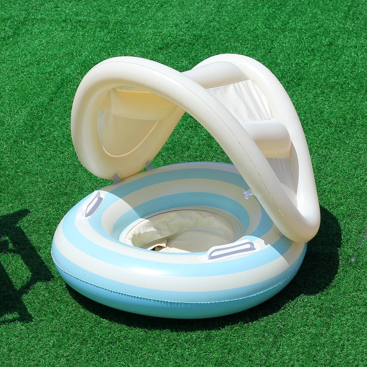 1 Pc Striped Pool Float Ring with Handles, Inflatable Swim Tube with Canopy Sunshade