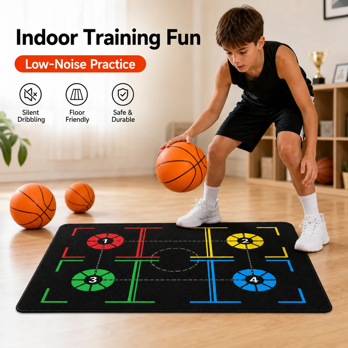 Basketball Training Mat + Silent Balls Set, Sizes 3 5 7, Indoor Practice & Coordination