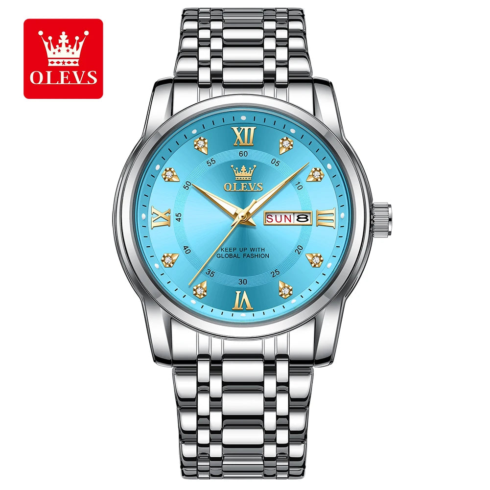OLEVS 5513 Exclusive Original Quartz Watch for Men Diamond Roman Scale Waterproof Wristwatch Dual Calendar Stainless Steel Watch