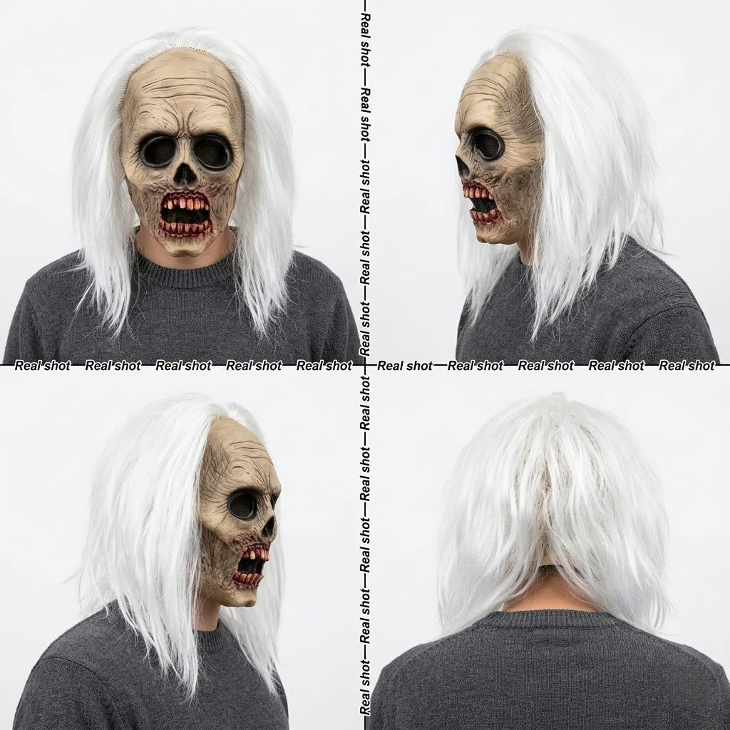 Professional Haunted House White Hair Zombie Skull Mask Head Latex Scary Undead Costume Cosplay Accessory Halloween Carnival