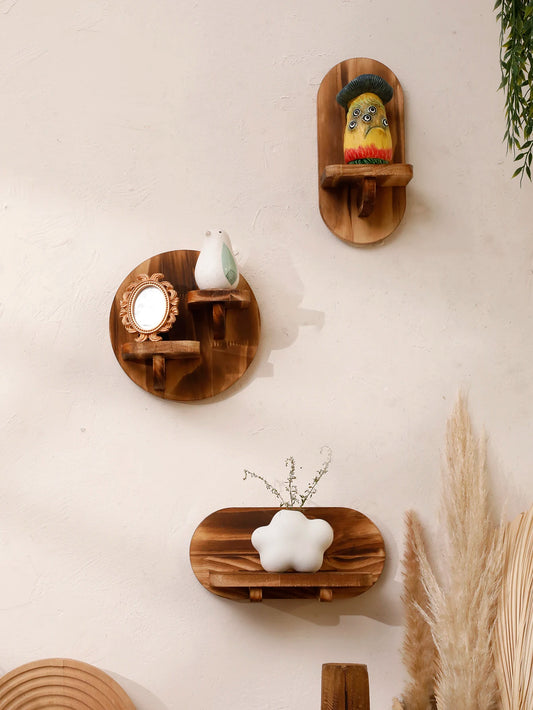 1/2-tier Wooden Shelves Oval Charcoal Color Floating Wall Shelf Display Stand Boho Home Decor Ledge Storage Rack for Living Room