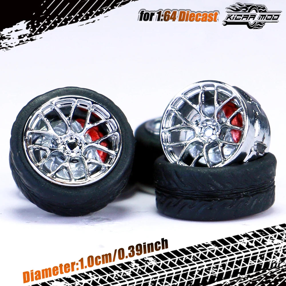 Kicarmod 1/64 Model Car ABS Wheels with Rubber Tire Brake Disc Refitting Parts Diameter 10mm For Model Car Tomica