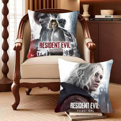 Resident Evil Leon pillow case decor in comfortable setting on an armchair, showcasing graphic design from Resident Evil: Requiem.
