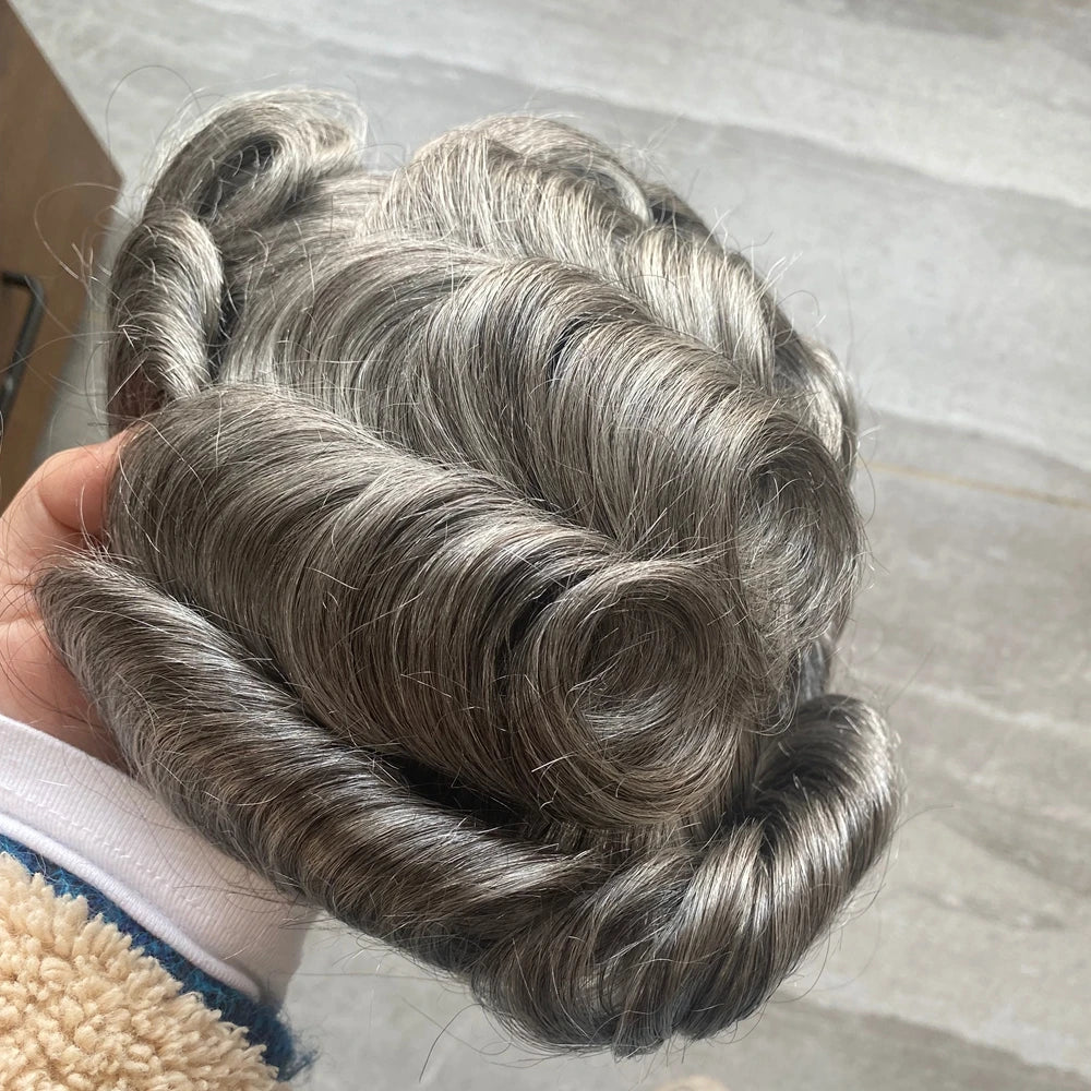 5 Inches Human Hair Brown Gray Blonde Natural Hairline Men's Toupee Long Last 0.1mm Poly Skin Silicon Base #4 1b50 Hair Replace