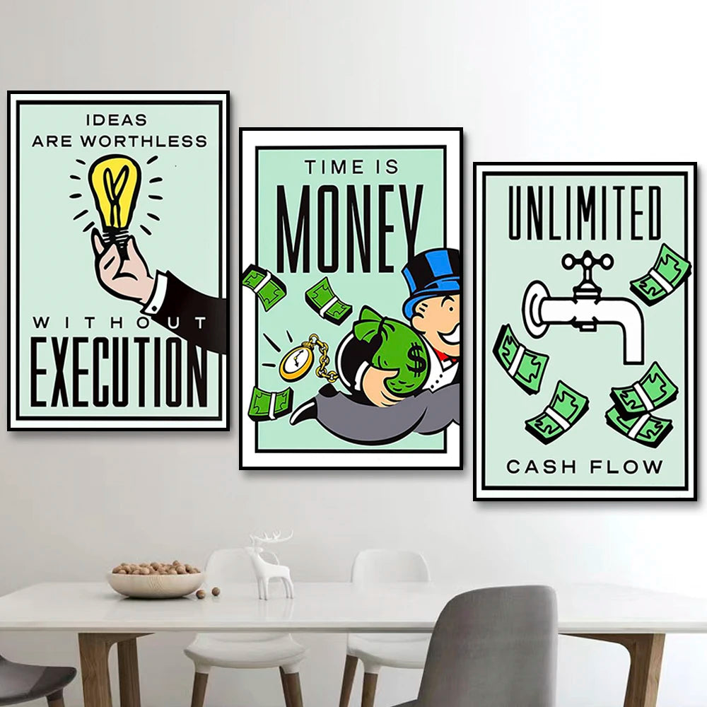 Monopoly Millionaire Money Canvas Decorative Painting Motivational Quote Art Poster Cartoon Figure Mural Home Wall Decor Picture