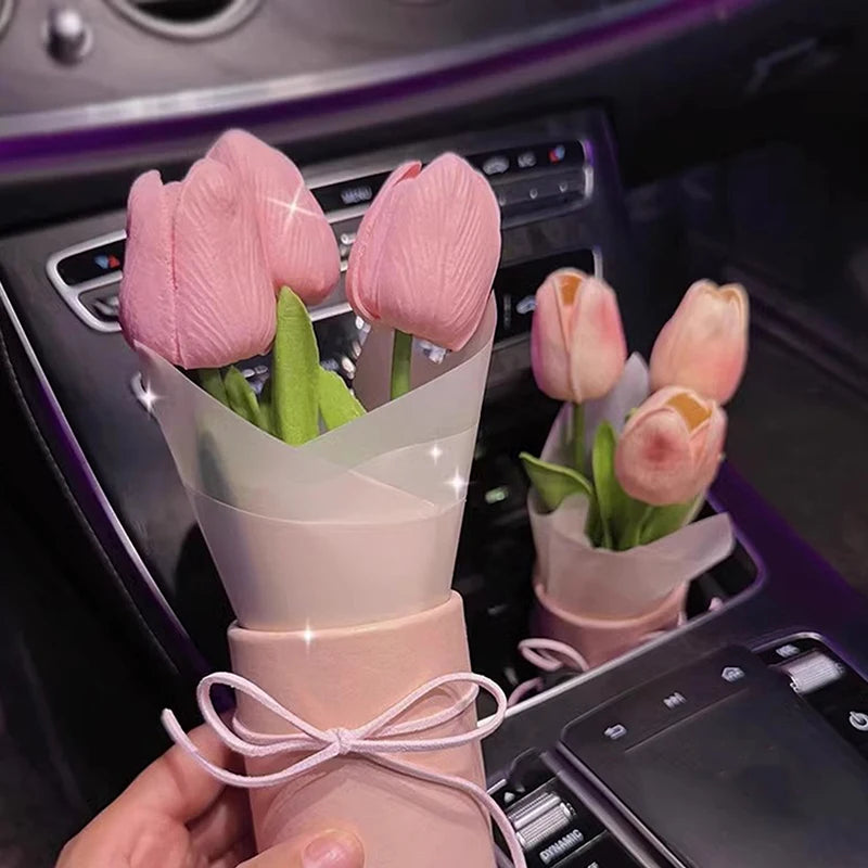 Creative Car Interior Decoration Cute Crafts Ornaments Car Tulip Bouquet Decorative Supplies Car Center Console Decoration Gifts