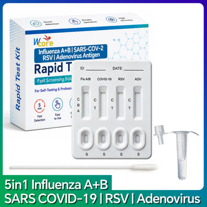 5-in-1 Respiratory Antigen Rapid Test Kit for Influenza A&B, SARS COVID-19, RSV, Adenovirus, Fast Accurate Easy-to-Read Results