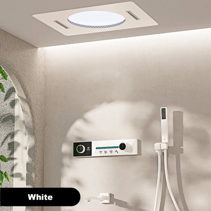 Gunmetal Gray Ceiling Mounted 4-Function Waterfall Shower System with Embedded Brass Thermostatic LED Display Body for Bathroom