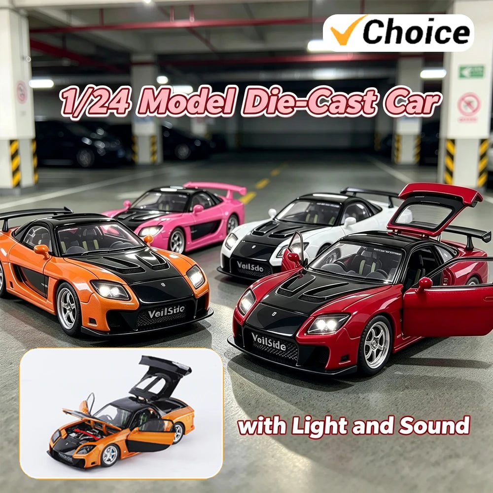 1/24 JDM RX-7 Street Version Die-Cast Model Car with Sound And Light Pull-Back Feature Miniature Ornament Vehicle Collection Toy