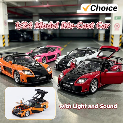 1/24 JDM RX-7 Street Version Die-Cast Model Car with Sound And Light Pull-Back Feature Miniature Ornament Vehicle Collection Toy