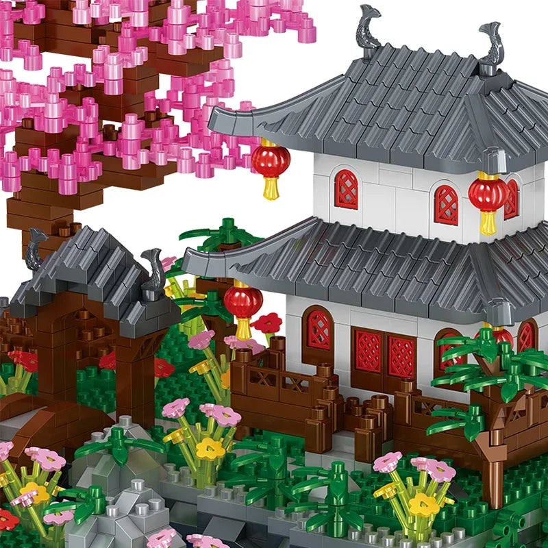 MOC Peach Blossom Pool Cherry Tree House Building Block Chinese Architecture DIY Bricks Cherry Blossom Toy for Kids Adult Gift