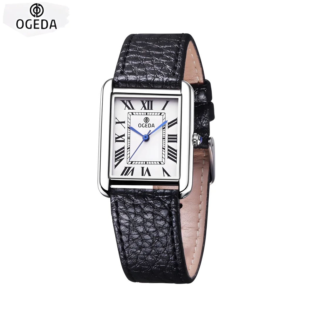 OGEDA Waterproof Couple Watches Casual Fashion Quartz Stainless Steel Leather Strap Square Dial Men's And Women's Lover Watch