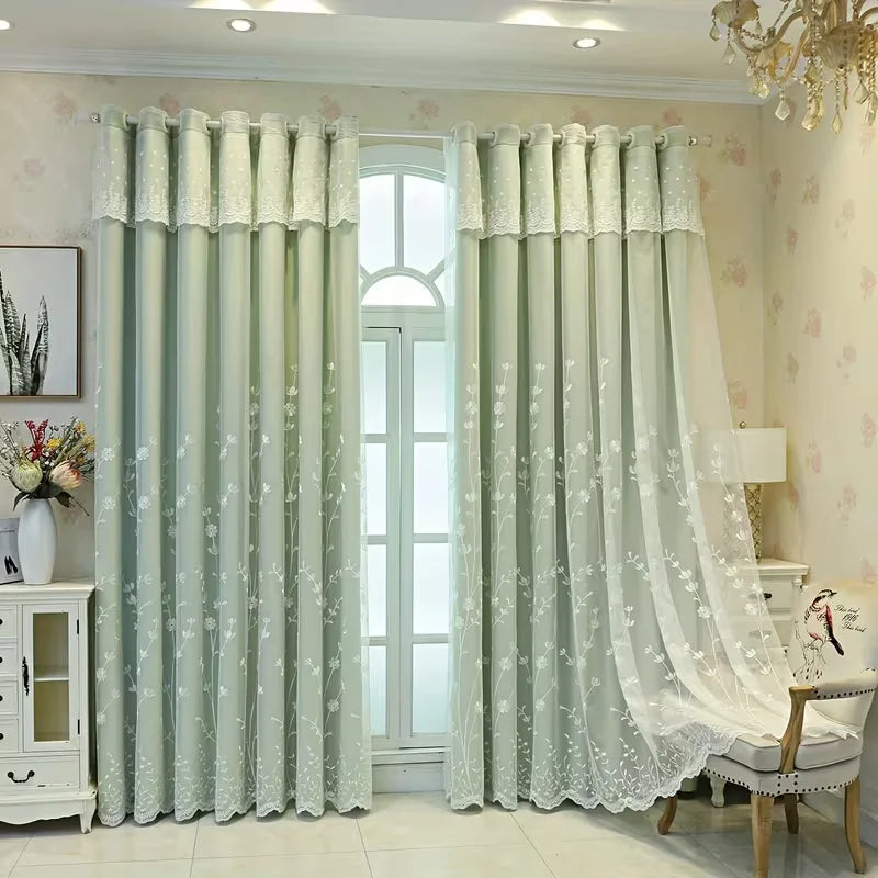 1pc European Luxury Double Layer Blackout Curtain,Top Eyelet for Easy Hanging,Floral Pattern for Living Room Bedroom Decor