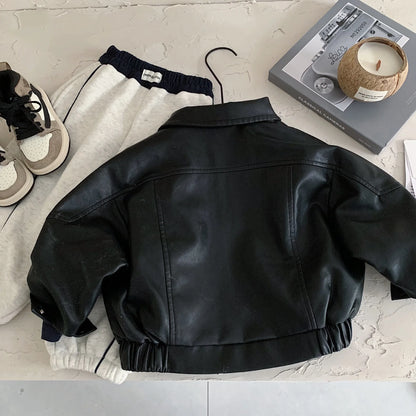 Spring Autumn New Girls boys Leather Jacket Solid Color Lapel Handsome Motorcycle Zipper Coat For 2-8Y Kids Fashion Pu Outwear